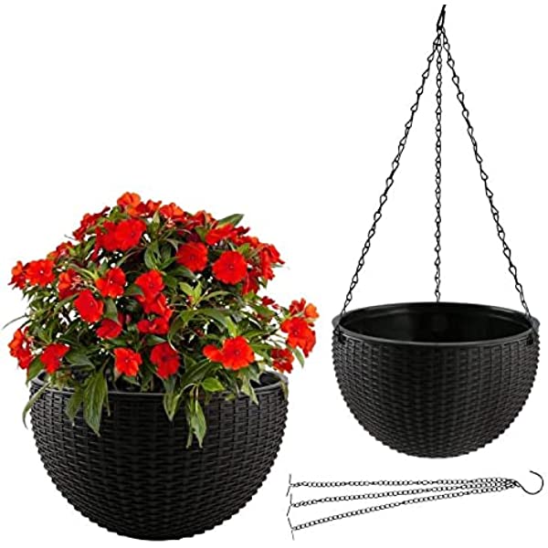 Fixtures Black Rattan Effect Hanging Basket LARGE 25cm x 16cm UK