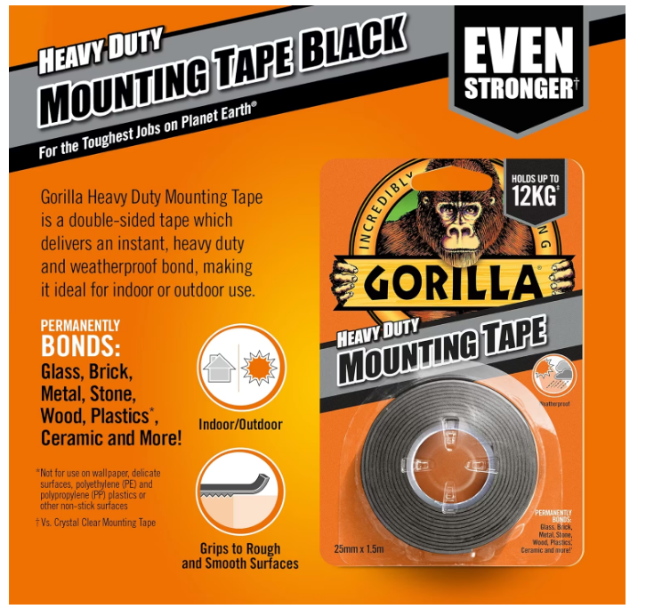 Gorilla 1.5 M Heavy Duty Double Sided Mounting Tape Indoor & Outdoor - Black