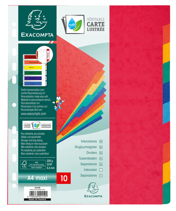Exacompta Divider 10 Part A4 Extra Wide 225gsm Pressboard Assorted Colours - 2410E - UK BUSINESS SUPPLIES