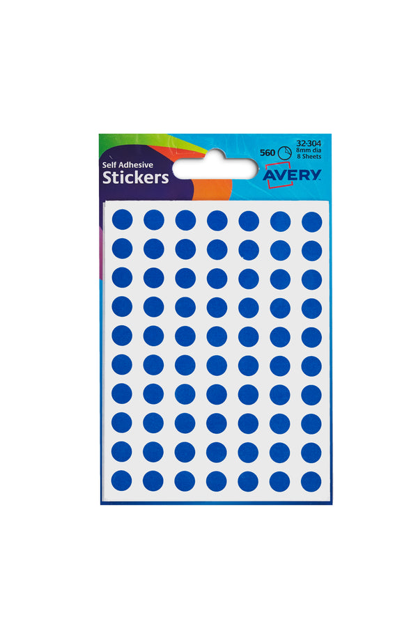 Avery Coloured Label Round 8mm Diameter Blue (Pack 10 x 560 Labels) 32-304 - UK BUSINESS SUPPLIES