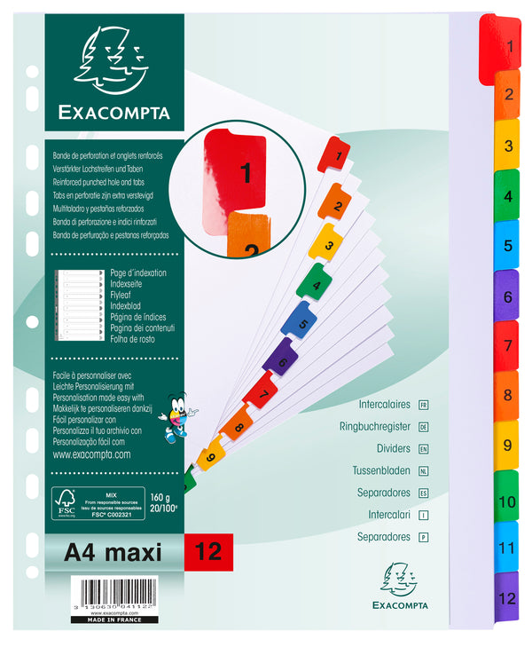 Exacompta Index 1-12 A4 Extra Wide 160gsm Card White with Coloured Plastic Tabs - 4112E - UK BUSINESS SUPPLIES