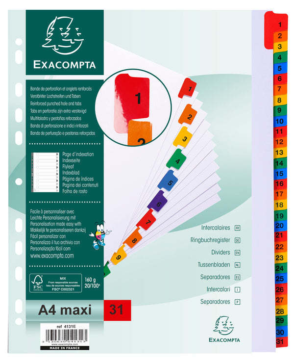 Exacompta Index 1-31 A4 Extra Wide 160gsm Card White with Coloured Mylar Tabs - 4131E - UK BUSINESS SUPPLIES