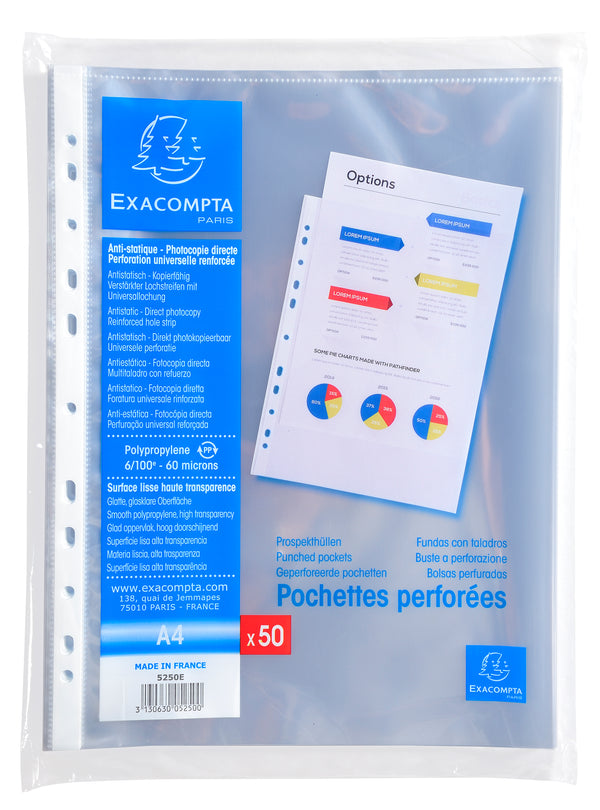 Exacompta Multi Punched Pocket Polypropylene A4 60 Micron Top Opening Clear (Pack 50) - 5250E - UK BUSINESS SUPPLIES