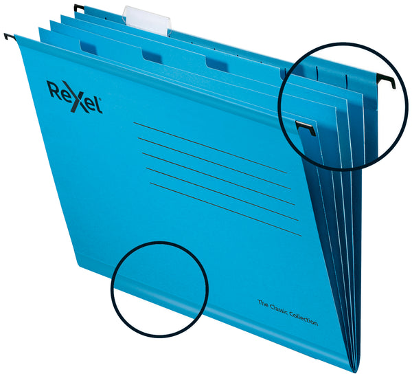 Rexel Classic Foolscap Suspension File Card 15mm V Base Blue (Pack 10) 2115594 - UK BUSINESS SUPPLIES