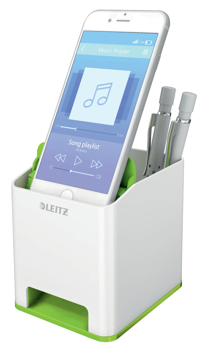 Leitz WOW Dual Colour Sound Pen Holder White/Green 53631054 - UK BUSINESS SUPPLIES