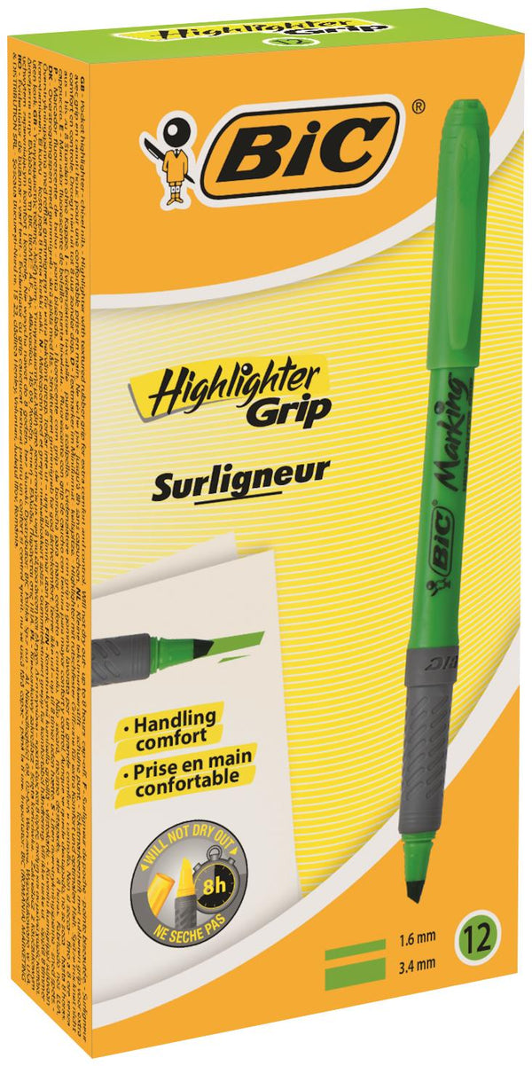 Bic Grip Highlighter Pen Chisel Tip 1.6-3.3mm Line Green (Pack 12) - 811932 - UK BUSINESS SUPPLIES