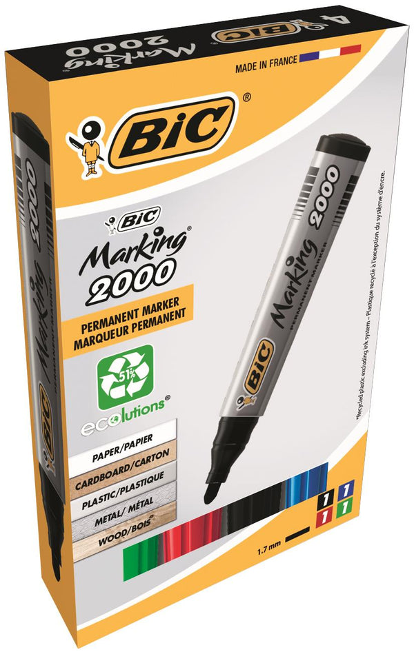 Bic Marking 2000 Permanent Marker Bullet Tip 1.7mm Line Assorted Colours (Pack 4) - 8209112 - UK BUSINESS SUPPLIES