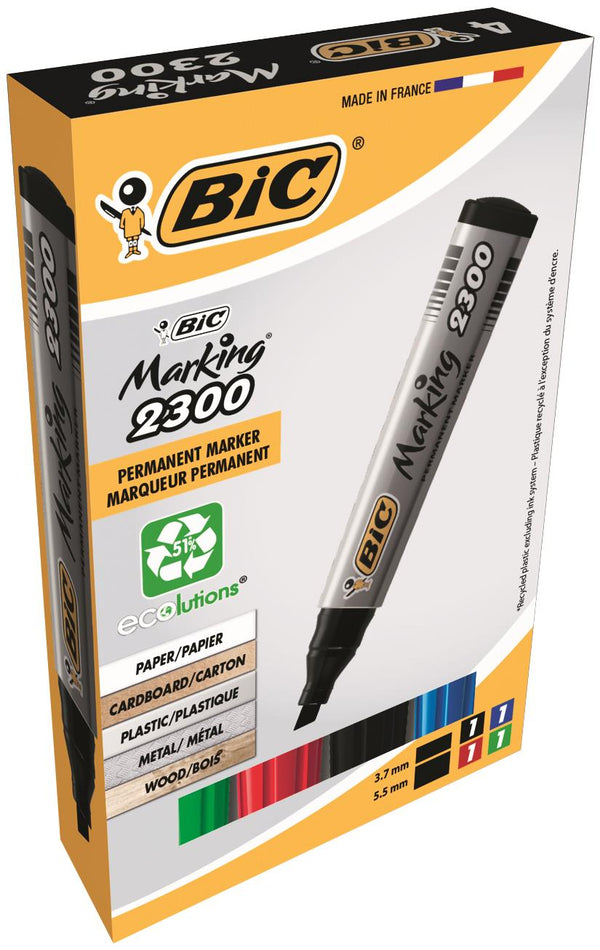Bic Marking 2300 Permanent Marker Chisel Tip 3.7-5.5mm Line Assorted Colours (Pack 4) - 8209222 - UK BUSINESS SUPPLIES