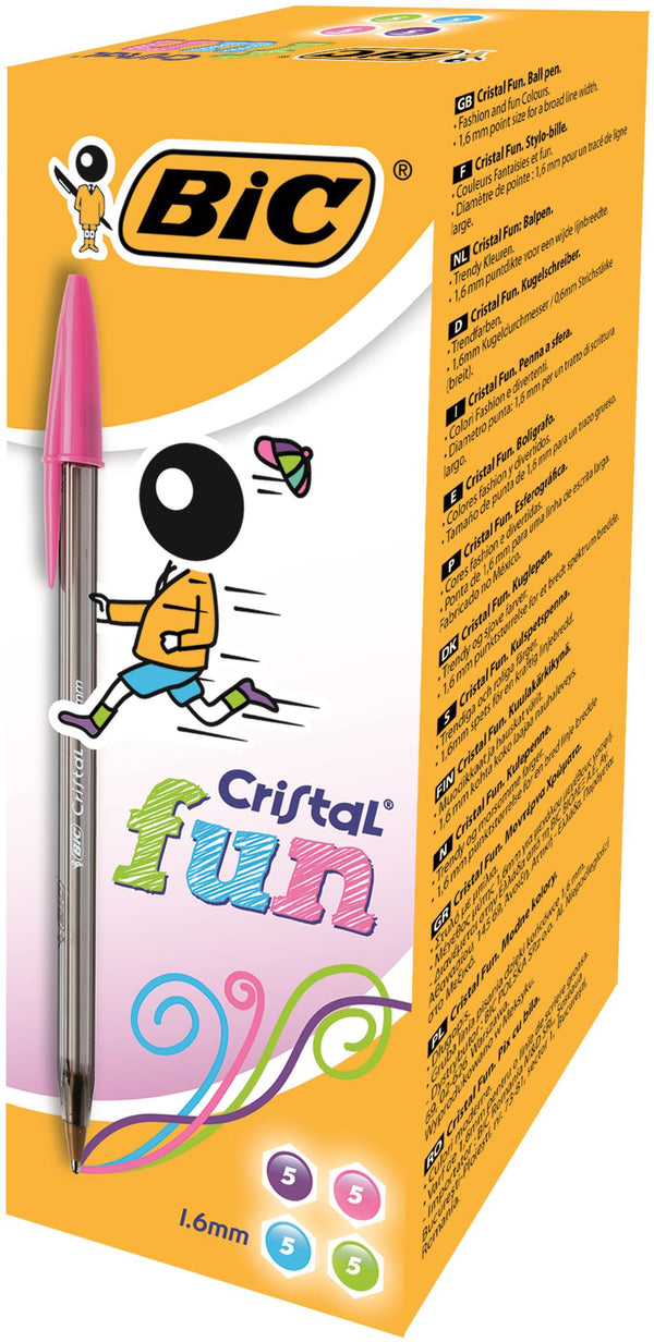Bic Cristal Fun Ballpoint Pen 1.6mm Tip 0.42mm Line Lime Green/Pink/Purple/Turquoise (Pack 20) - 895793 - UK BUSINESS SUPPLIES