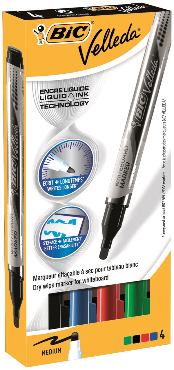 Bic Velleda Pocket Liquid Ink Whiteboard Marker Bullet Tip 2.2mm Line Assorted Colours (Pack 4) - 902094 - UK BUSINESS SUPPLIES