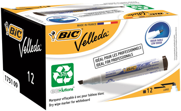 Bic Velleda 1751 Whiteboard Marker Chisel Tip 3.7-5.5mm Line Black (Pack 12) - 904946 - UK BUSINESS SUPPLIES