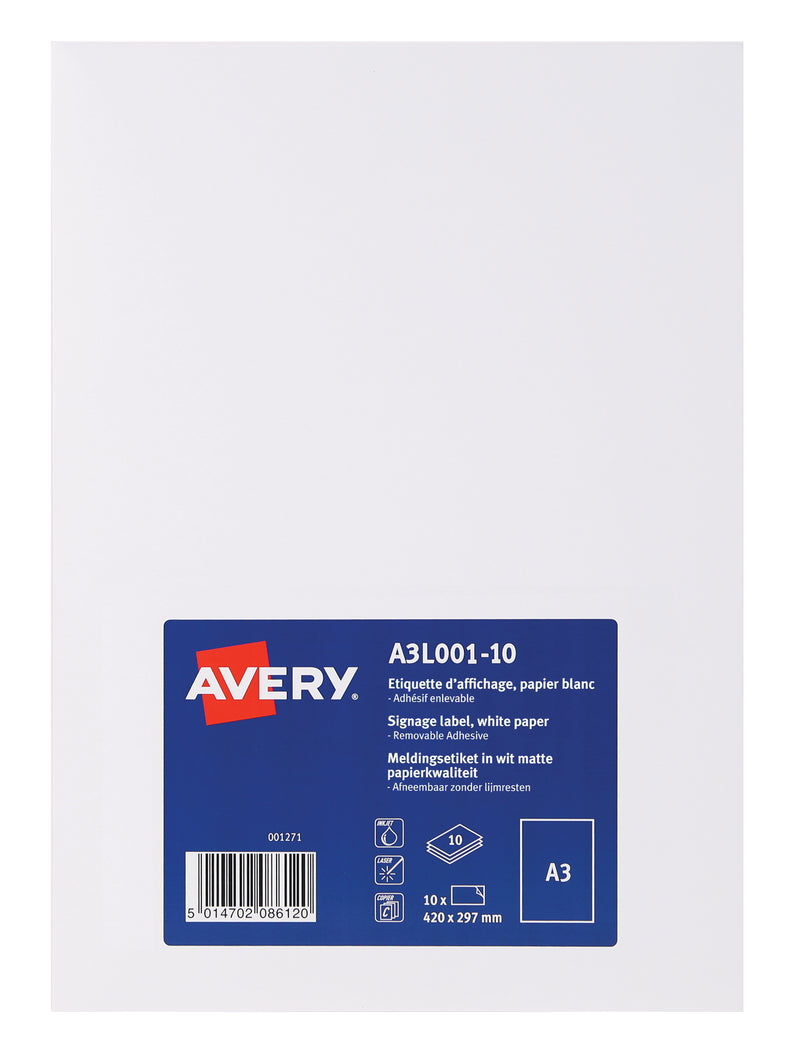 Avery Display Label A3 Removable Matt White (Pack 10 Labels) A3L001-10 - UK BUSINESS SUPPLIES