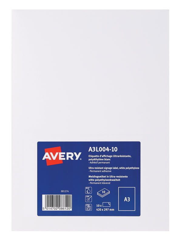 Avery Display Label A3 Permanent White (Pack 10 Labels) A3L004-10 - UK BUSINESS SUPPLIES
