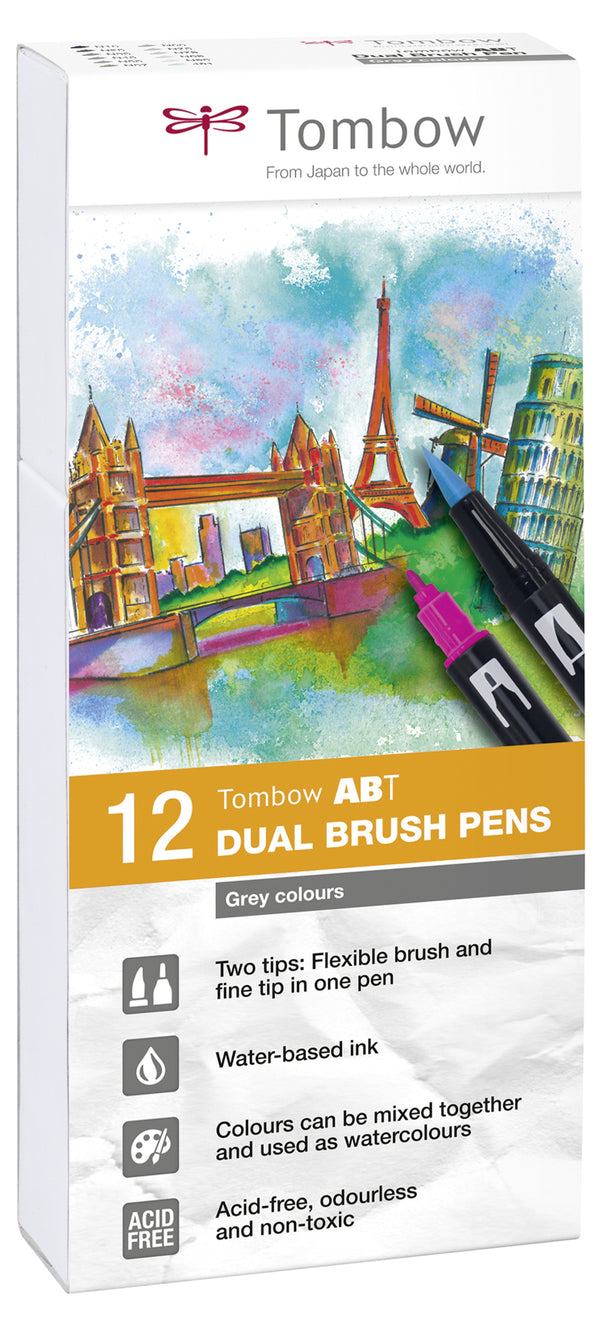 Tombow ABT Dual Brush Pen 2 Tips Grey Colours (Pack 12) - ABT-12P-3 - UK BUSINESS SUPPLIES
