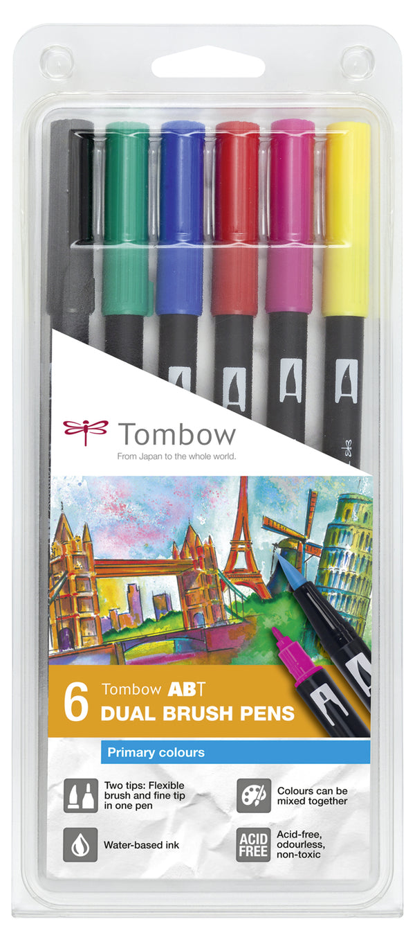 Tombow ABT Dual Brush Pen 2 Tips Primary Assorted Colours (Pack 6) - ABT-6P-1 - UK BUSINESS SUPPLIES