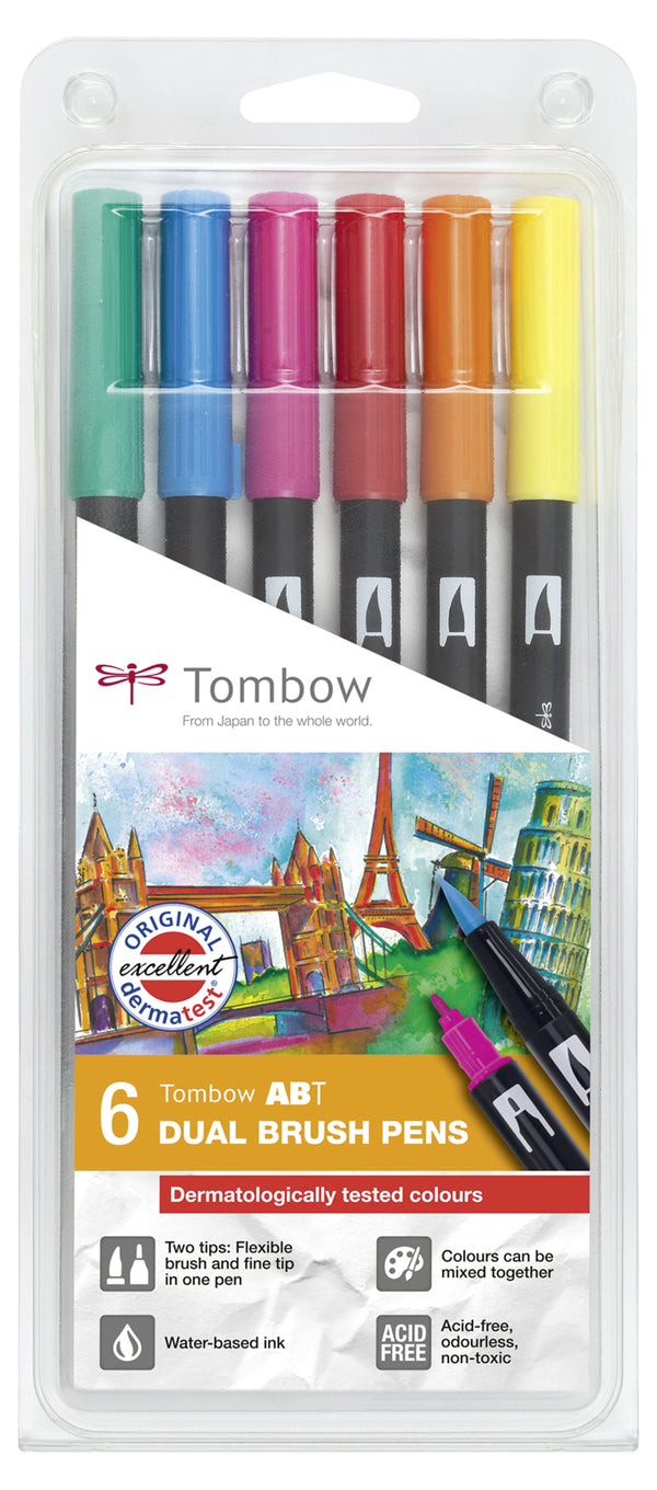 Tombow ABT Dual Brush Pen 2 Tips Dermatlogically Tested Assorted Colours (Pack 6) - ABT-6P-3 - UK BUSINESS SUPPLIES
