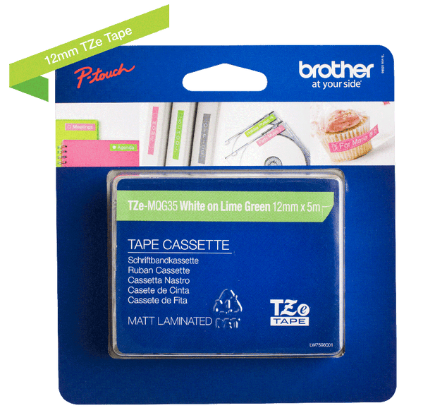 Brother White On Lime Green Label Tape 12mm x 5m - TZEMQG35 - UK BUSINESS SUPPLIES