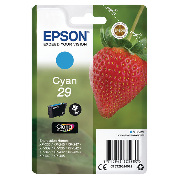 Epson 29 Strawberry Cyan Standard Capacity Ink Cartridge 3ml - C13T29824012 - UK BUSINESS SUPPLIES