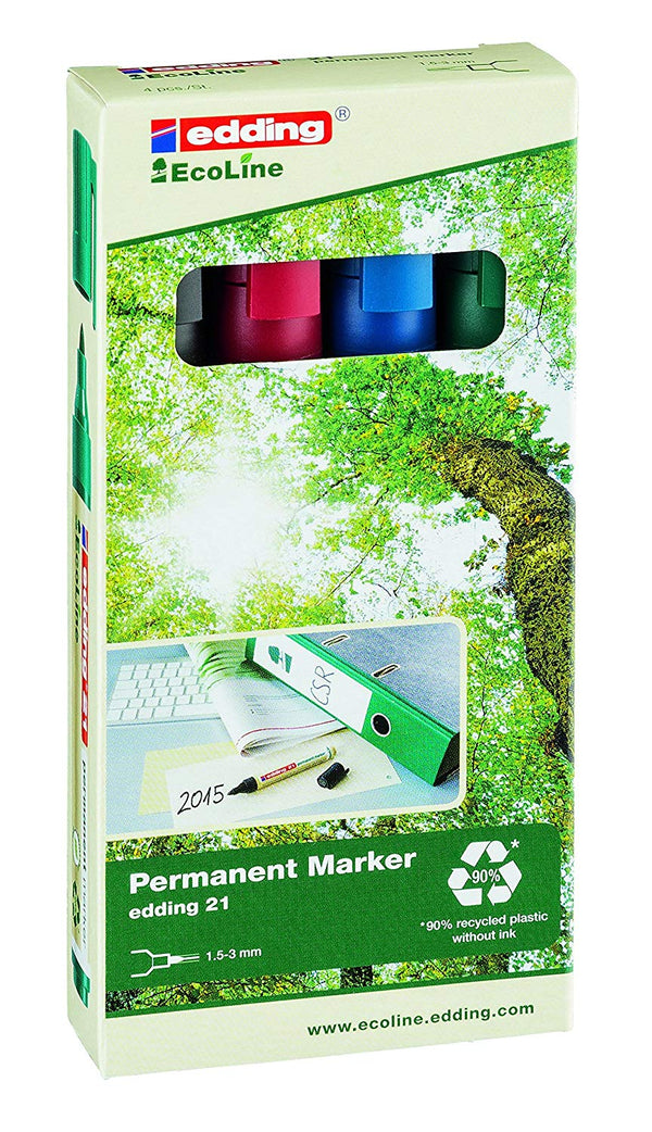 edding 21 EcoLine Permanent Marker Bullet Tip 1.5-3mm Line Assorted Colours (Pack 4) - 4-21-4 - UK BUSINESS SUPPLIES