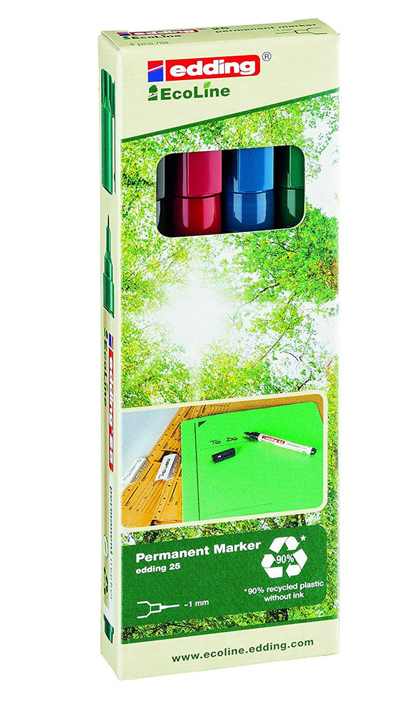 edding 25 EcoLine Permanent Marker Bullet Tip 1mm Line Assorted Colours (Pack 4) - 4-25-4 - UK BUSINESS SUPPLIES