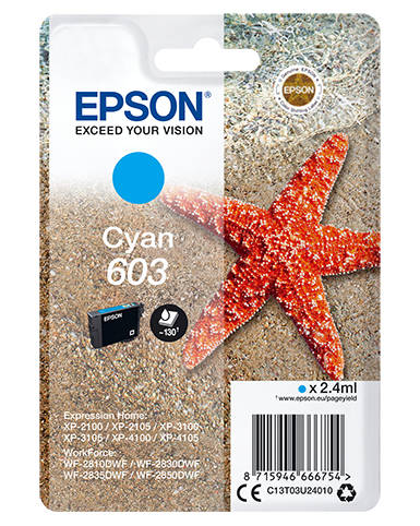 Epson 603 Starfish Cyan Standard Capacity Ink Cartridge 2.4ml - C13T03U24010 - UK BUSINESS SUPPLIES