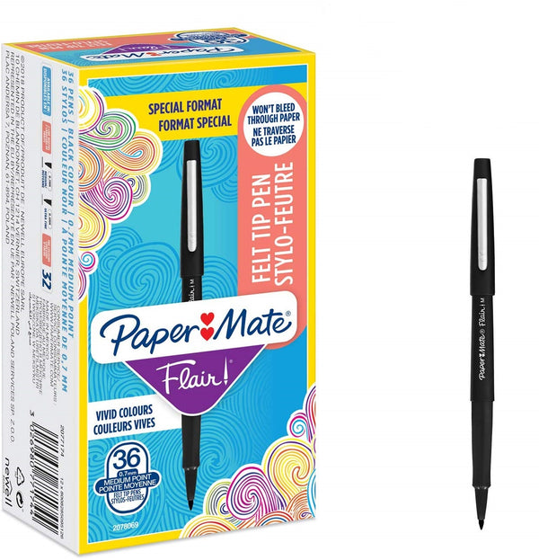 Paper Mate Flair Fibre Tip Pen Medium Point 0.7mm Black (Pack 36) 2077174 - UK BUSINESS SUPPLIES