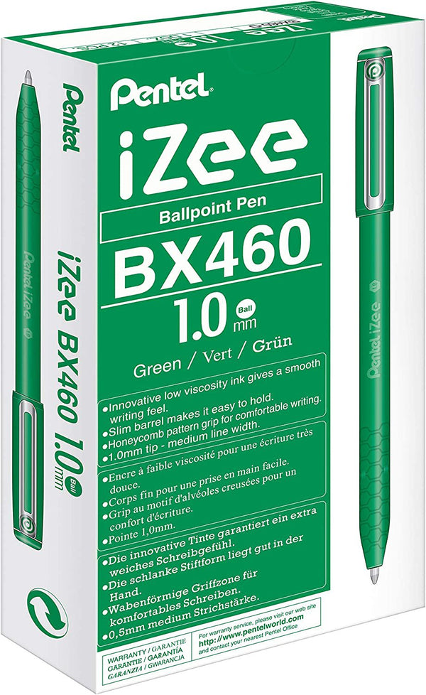 Pentel IZEE Ballpoint Pen Cap-Style 1.0mm Tip 0.5mm Line Green (Pack 12) BX460-D - UK BUSINESS SUPPLIES