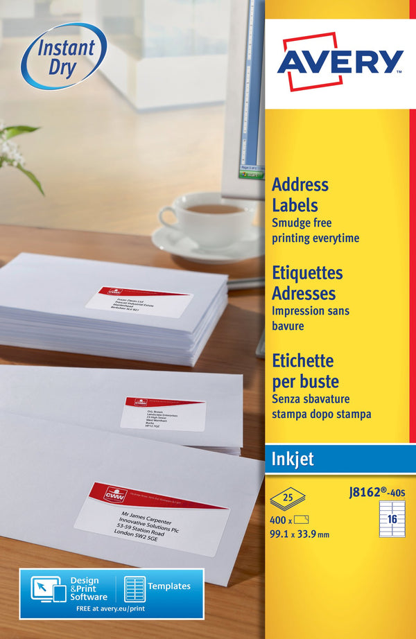 Avery Inkjet Address Label 99x34mm 16 Per A4 Sheet White (Pack 400 Labels) J8162-25 - UK BUSINESS SUPPLIES