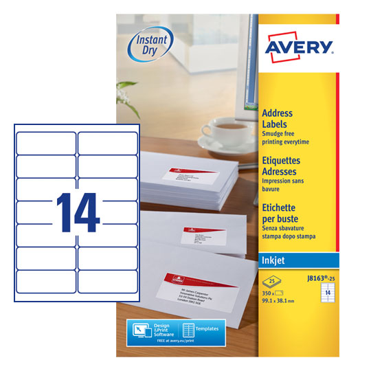 Avery Inkjet Address Label 99.1x38.1mm 14 Per A4 Sheet White (Pack 350 Labels) J8163-25 - UK BUSINESS SUPPLIES