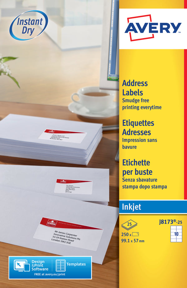 Avery Inkjet Address Label 99x57mm 10 Per A4 Sheet White (Pack 250 Labels) J8173-25 - UK BUSINESS SUPPLIES
