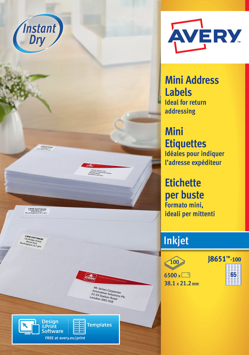 Avery Inkjet Address Label 38x21mm 65 Per A4 Sheet White (Pack 6500 Labels) J8651-100 - UK BUSINESS SUPPLIES