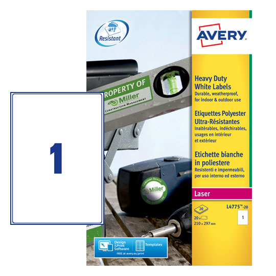 Avery Laser Heavy Duty Label 210x297mm 1 Per A4 Sheet White (Pack 20 Labels) L4775-20 - UK BUSINESS SUPPLIES