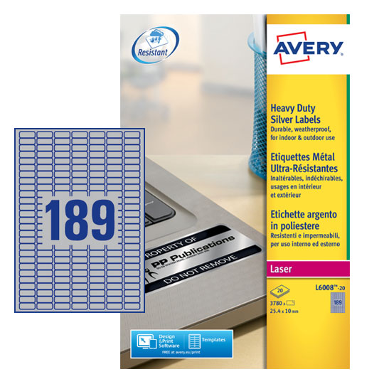Avery Laser Heavy Duty Label 25.4x10mm 189 Per A4 Sheet Silver (Pack 3780 Labels) L6008-20 - UK BUSINESS SUPPLIES
