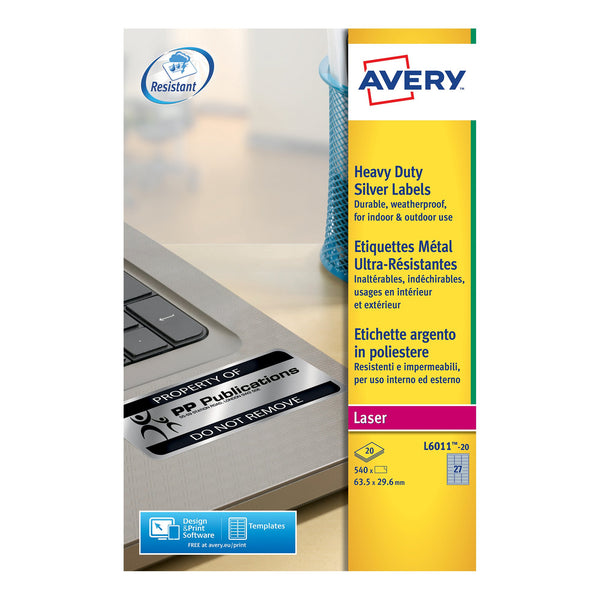 Avery Laser Heavy Duty Label 63.5x29.6mm 27 Per A4 Sheet Silver (Pack 540 Labels) L6011-20 - UK BUSINESS SUPPLIES