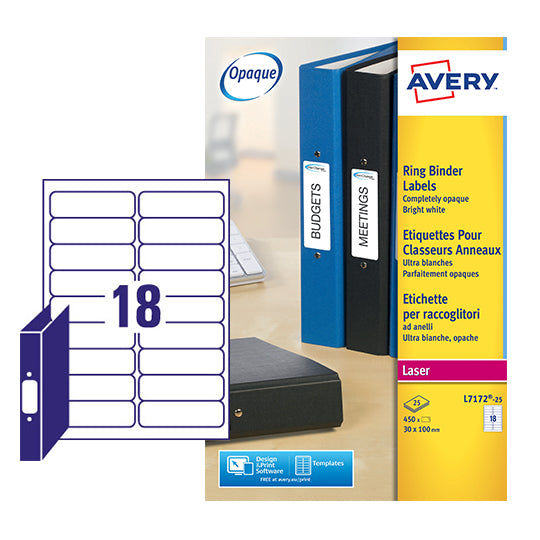 Avery Laser Filing Label Ring Binder 100x30mm 18 Per A4 Sheet White (Pack 450 Labels) L7172-25 - UK BUSINESS SUPPLIES