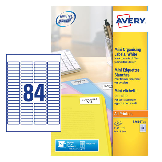 Avery Multipurpose Mini Label 46x11mm 84 Per A4 Sheet White (Pack 2100 Labels) L7656-25 - UK BUSINESS SUPPLIES
