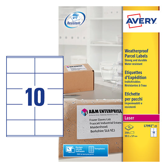 Avery Laser Weatherproof Parcel Label 99x57mm 10 Per A4 Sheet White(Pack 250 Labels)L7992-25 - UK BUSINESS SUPPLIES