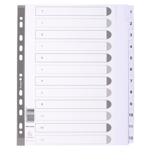 Exacompta Index 1-12 A4 Extra Wide 160gsm Card White with White Mylar Tabs - MWD1-12Z-EW - UK BUSINESS SUPPLIES