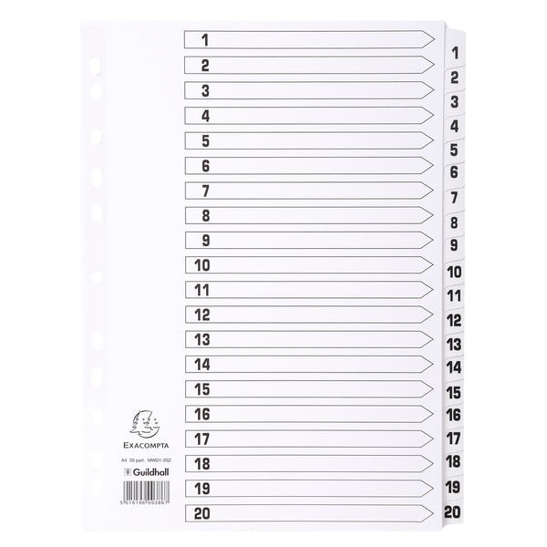 Exacompta Index 1-20 A4 160gsm Card White with White Mylar Tabs - MWD1-20Z - UK BUSINESS SUPPLIES