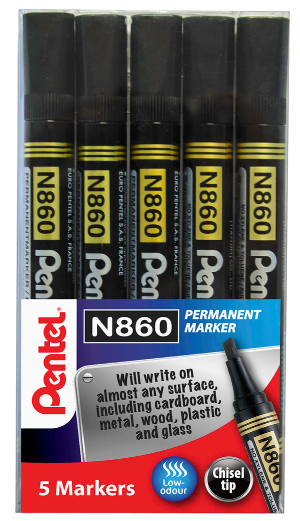 Pentel N860 Permanent Marker Chisel Tip 1.8 - 4.5mm Line Black (Pack 5) YN860/5-A - UK BUSINESS SUPPLIES