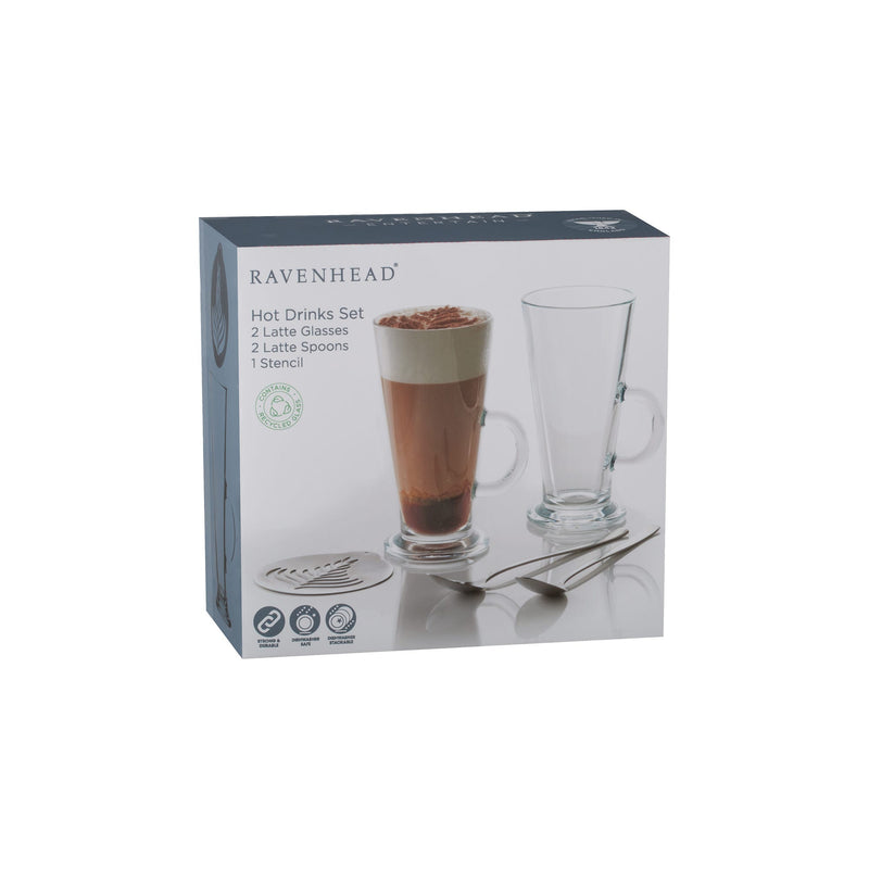 Ravenhead 5 Piece Latte/Irish Coffee Drink Set 2 Glasses, 2 Spoons and Stencil, Gift Boxed.