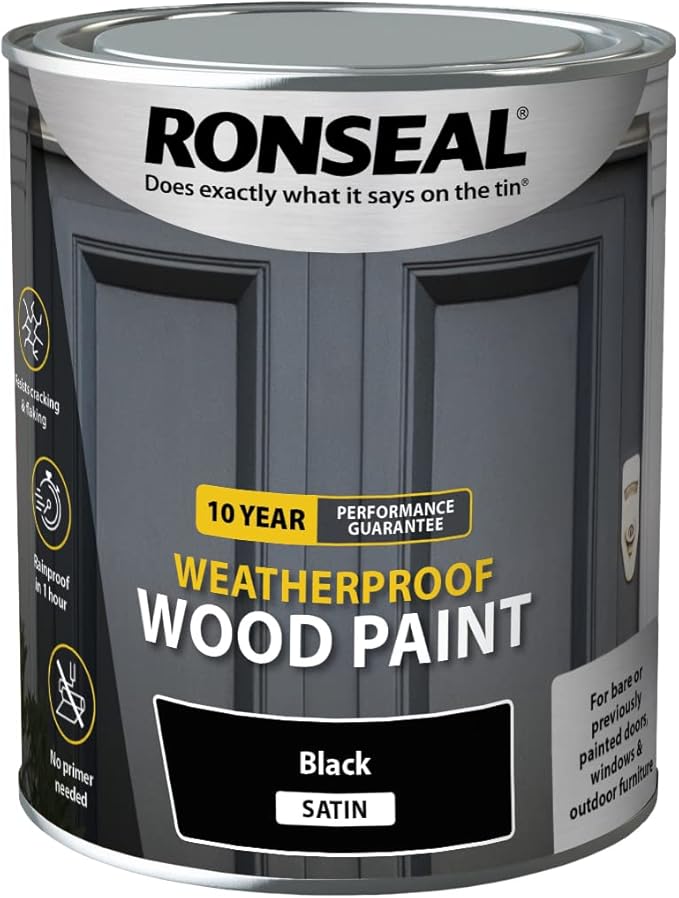 Ronseal 10 Year Weatherproof 2 In 1 Wood Paint Black Satin 750Ml