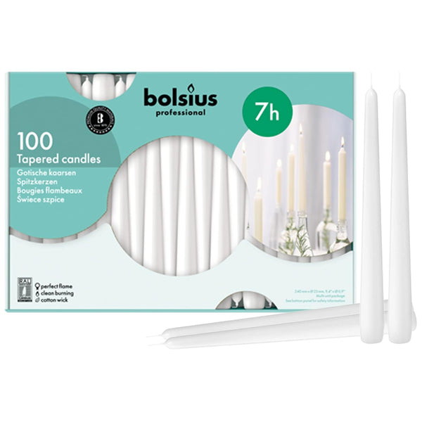 Bolsius Tapered Candles 10 Inch White 7 Hour Burn (Pack of 100)