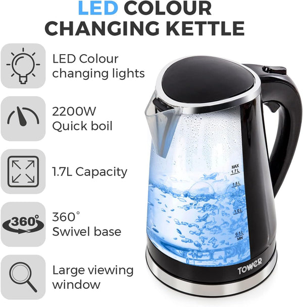 Tower T10012 LED Colour Changing Kettle, 1.7L, 2200W, Black