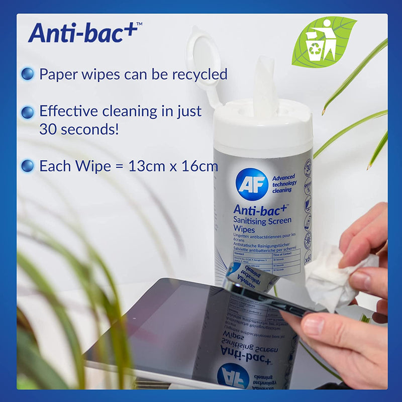 AF Anti-Bac+ Antibacterial Screen Cleaning Wipes â€“ 60 Wet Wipes Resealable Tub ABSCRW60T
