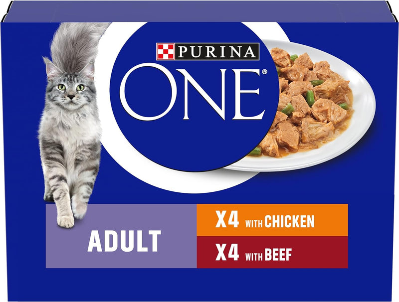 Purina ONE Adult Cat Food Pouches Mini Fillets in Gravy Chicken & Beef 8 x 85g