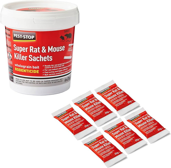 Pest-Stop Super Mouse and Rat Killer Fast Poison Wholegrain Bait 6 x 25g Sachets