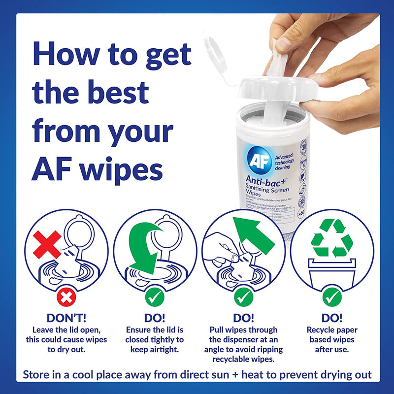 AF Anti-Bac+ Antibacterial Screen Cleaning Wipes â€“ 60 Wet Wipes Resealable Tub ABSCRW60T
