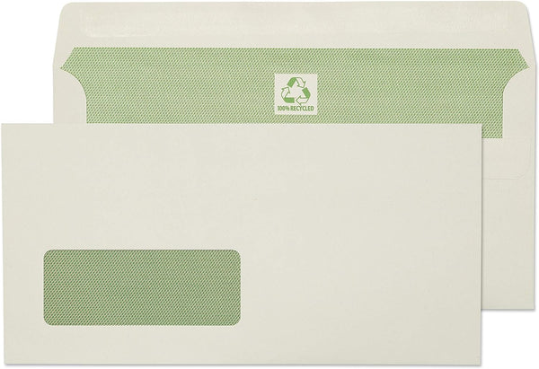 Blake Purely Environmental DL 110 x 220 mm 35 x 90 mm 90 gsm Flora Recycled Window Self Seal Wallet Envelopes (RE4360) Natural White - Pack of 500