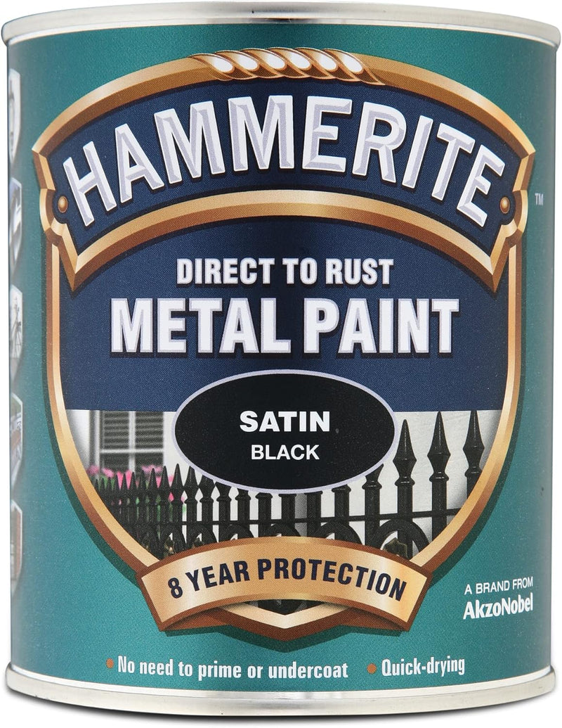 Hammerite Direct to Rust Satin Metal Paint, Black, 750ml